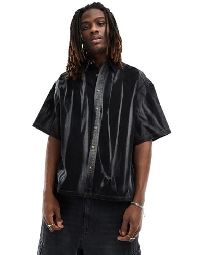 ASOS Boxy Oversized Short Sleeve Denim Shirt With Acid Wash Stripes - Black