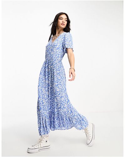 ONLY Puff Sleeve V Neck Maxi Dress - Blue