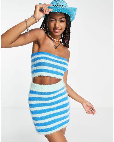 Collusion Knitted Eyelash Bandeau Top Co-ord - Blue