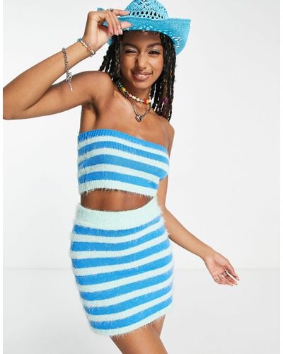 Collusion Knitted Eyelash Bandeau Top Co-ord - Blue
