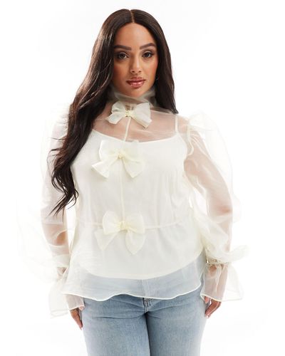 ASOS Curve Organza Long Sleeve Top With Bow Detail And Cami - White