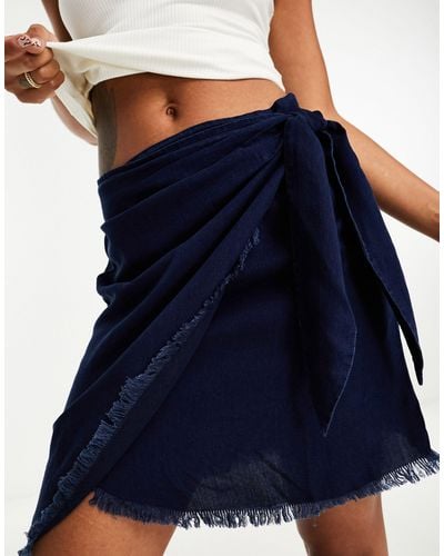 Mango Tie Detail Distressed Hem Mini Skirt - Blue
