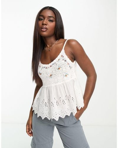 New Look Embroidered Crochet Cami Top - White