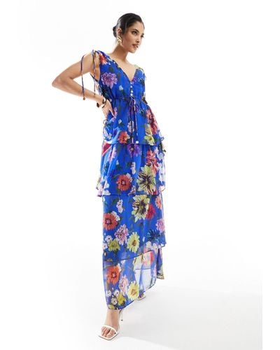 Hope & Ivy Tie Shoulder Maxi Dress With Tiered Skirt - Blue