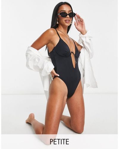 Free Society Petite Monowire Swimsuit With Deep Plunge Cut Out Detail - Blue