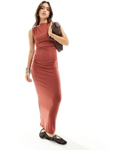4th & Reckless Sleeveless Ruched High Neck Maxi Dress - Red