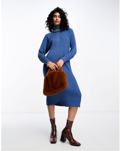 Y.A.S Ribbed Roll Neck Sweater Midi Dress - Blue
