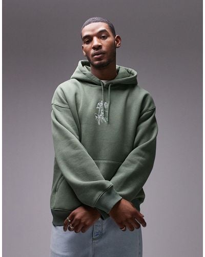 TOPMAN Oversized Fit Hoodie With Floral Embroidery - Grey