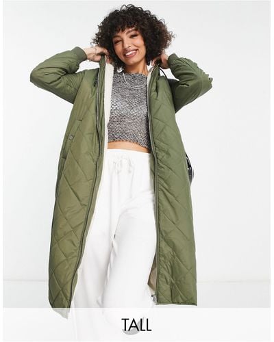 ONLY Quilted Longline Coat With Teddy Hood - Green