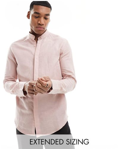 ASOS Smart Linen Shirt With Deep Grandad Collar - Pink