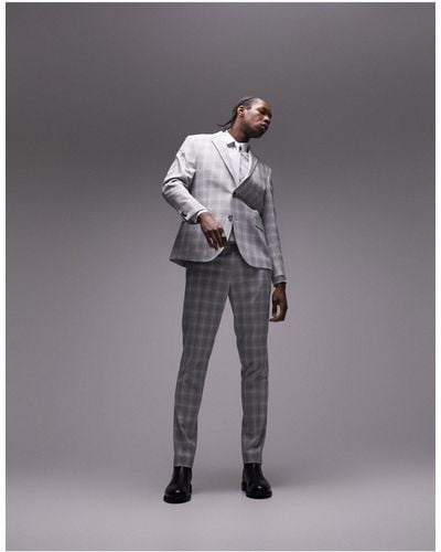TOPMAN Slim Fabric Interest Checked Suit Jacket - Gray