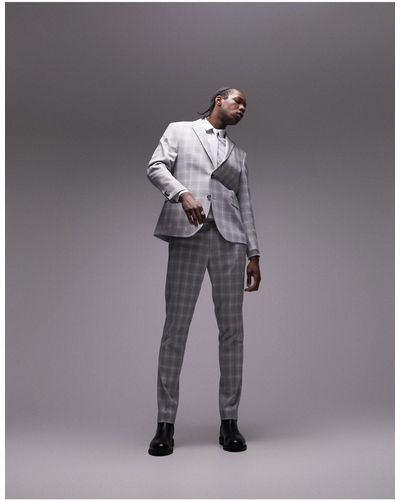 TOPMAN Slim Fabric Interest Checked Suit Jacket - Grey