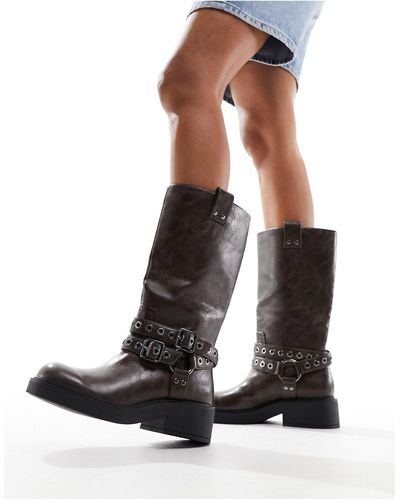 Bershka Buckle Detail Calf Length Boots - White