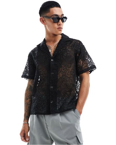 ASOS Premium Relaxed Deep Revere All Over Embroidered Shirt - Black