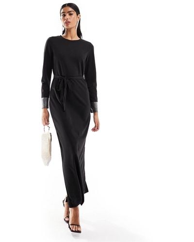 Vila Long Sleeve Diamonte Cuff Maxi Dress - Black