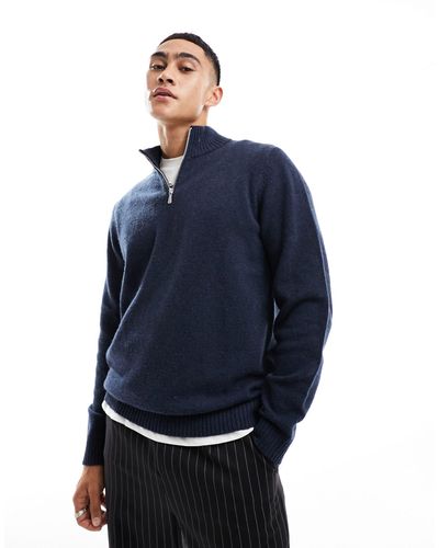 ASOS Knitted Lambswool 1/4 Zip Sweater - Blue