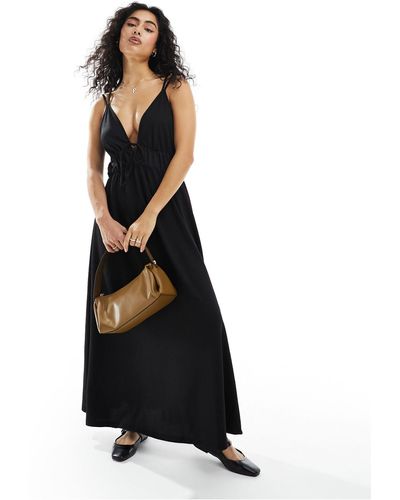Y.A.S Textured Double Strap Tie Front Cami Maxi Dress - Black