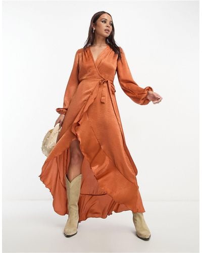 Flounce London Satin Long Sleeve Wrap Maxi Dress - Orange