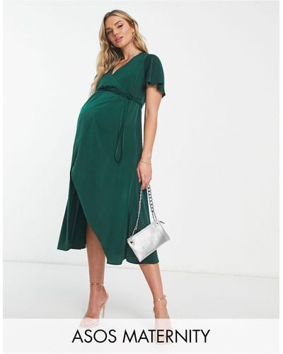 ASOS Asos Design Maternity Bias Cut Satin Wrap Dress With Tie Waist & Flutter Sleeve - Green