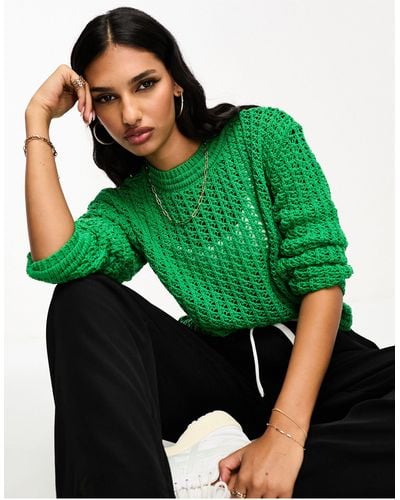 Mango Cable Knit Cropped Long Sleeve Sweater - Green