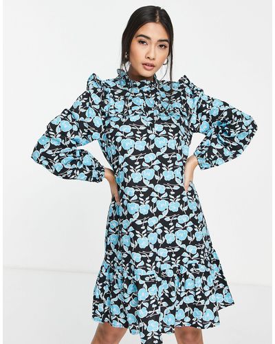 Vero Moda Smock Mini Dress With Frill Detail - Blue