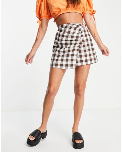 Bershka Ruched Detail Gingham Mini Skirt - Brown