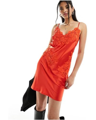 Never Fully Dressed Lace Embroide Satin Mini Slip Dress - Red