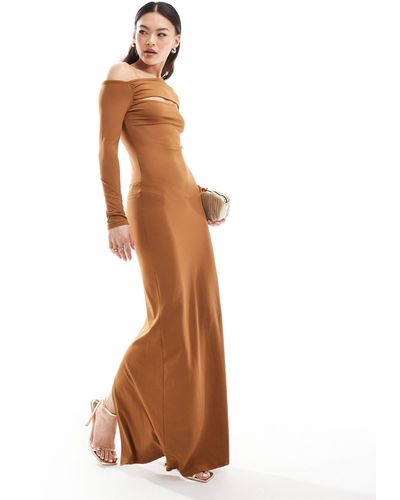 ASOS Slinky Long Sleeve Maxi Dress With Cut Out Detail - Brown