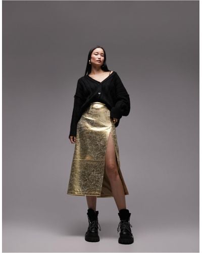 TOPSHOP Leather Look Split Seam Midi Skirt - Grey
