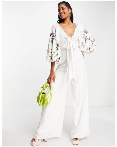 ASOS Occasion Big Sleeve Tie Front Wide Leg Jumpsuit With Embroidery - White
