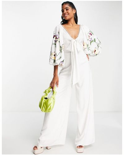 ASOS Gelegenheidskleding - Jumpsuit Met Wijde Pijpen , Grote Mouwen, Gestrikte Voorkant En Borduursels - Wit