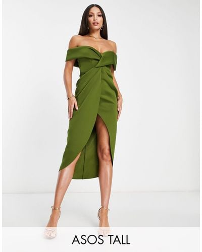 ASOS Asos Design Tall Off Shoulder Twist Front Midi Dress Olive - Green