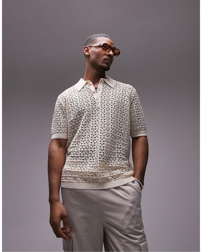 TOPMAN Knitted Sheer Crochet Polo With Gold Lurex Yarn - Brown
