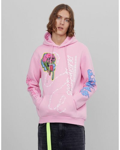 Bershka Graphic Hoodie With Chest & Back Print - Pink