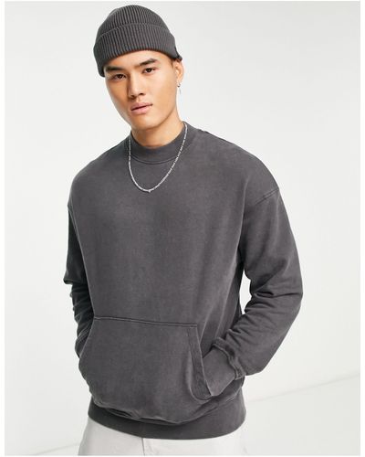ADPT Washed Oversized Mock Neck Sweatshirt With Front Pocket - Gray