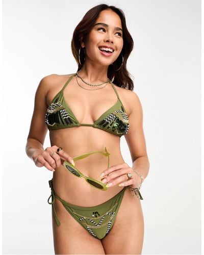 Miss Selfridge Premium Aztec Tie Side Bikini Bottom - Green