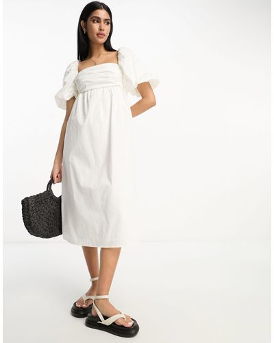 Mango Puff Sleeve Square Neck Midi Dress - White