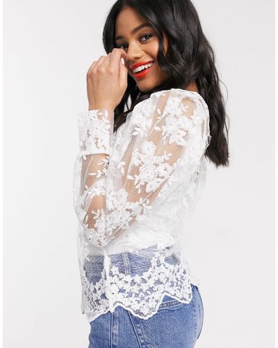 Lipsy Lace Puff Sleeve Blouse With Tie Bow Neck Detail - White
