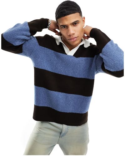 ASOS Knitted Relaxed Rugby Striped Boucle Sweater - Blue