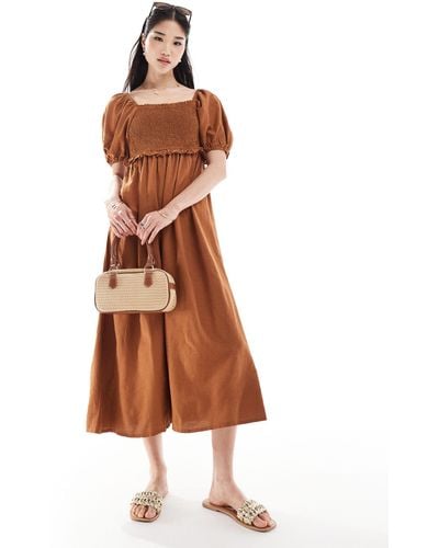 New Look Shirred Puff Sleeve Linen Blend Midi Dress - Brown