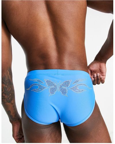 ASOS Swim Briefs With Diamonte Butterfly Print - Blue