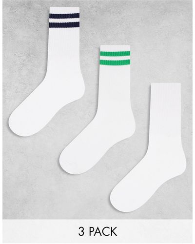 Pieces Sport core - confezione da 3 paia di calzini bianchi e con righe verdi e blu navy - Bianco