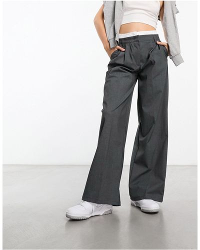 Bershka Boxer Waistband Wide Leg Tailored Trousers - Grey