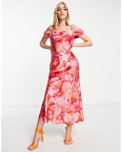 Hope & Ivy Cold Shoulder Satin Midi Dress - Pink