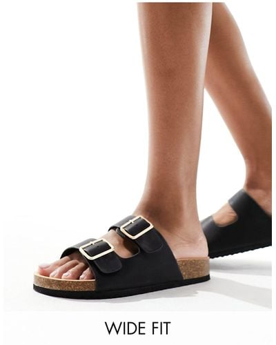 Glamorous Double Strap Footbed Sandals - Black