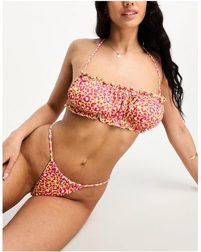 Vero Moda – seitlich verstellbare tanga-bikinihose mit leopardenmuster - Natur