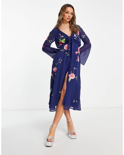 ASOS Tie Front Button Through Midi Dress With Floral Embroidery - Blue