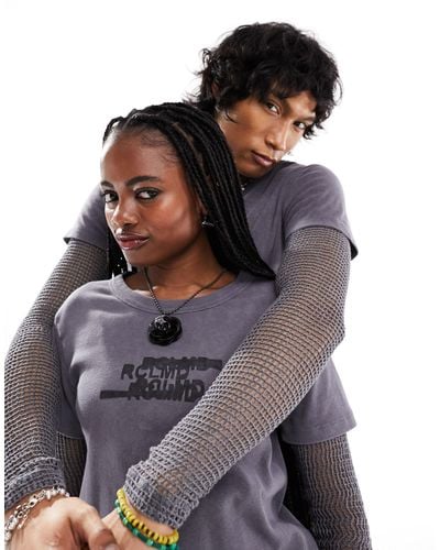 Reclaimed (vintage) Unisex Grunge Double Layer T-shirt With Fishnet Sleeves-grey - Multicolor