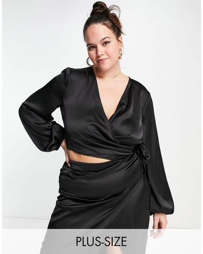 Flounce London Wrap Front Cropped Satin Blouse With Balloon Sleeves - Black