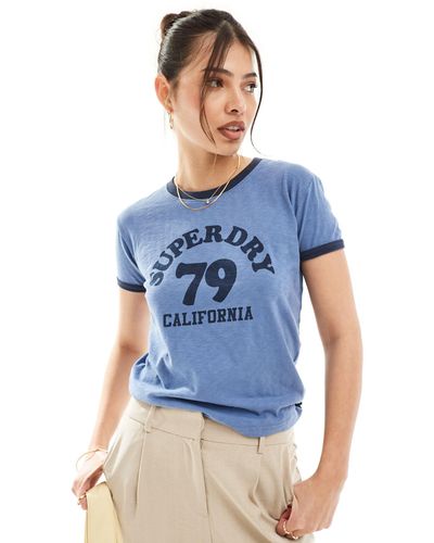 Superdry – athletic essentials – ringer-t-shirt für den strand - Blau